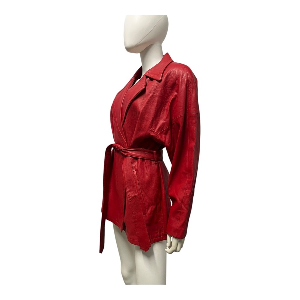 VTG 90s REMY GLAM ROCK Red Soft Leather Midi Belted Trench Coat Womens Medium - Picture 7 of 11